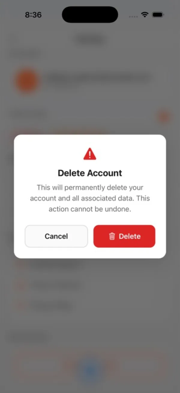 Dishiary iPhone delete account confirmation modal explaining that account data deletion is permanent and cannot be undone