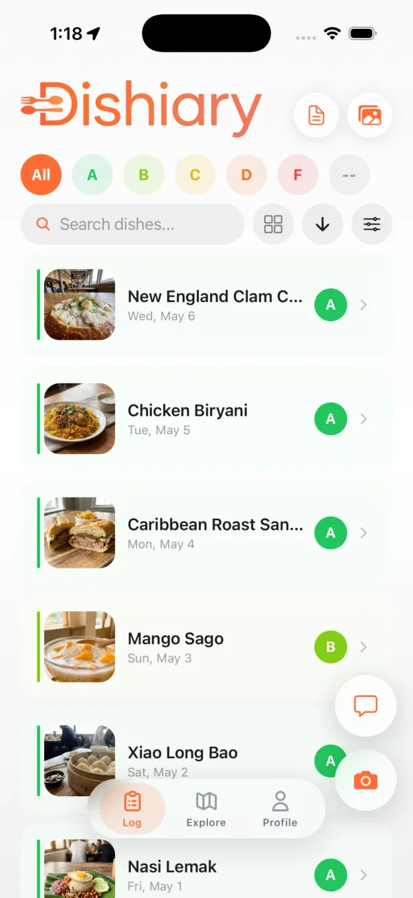 Dishiary iPhone feed showing logged meals with photos, dates, search, and A to F grade filters