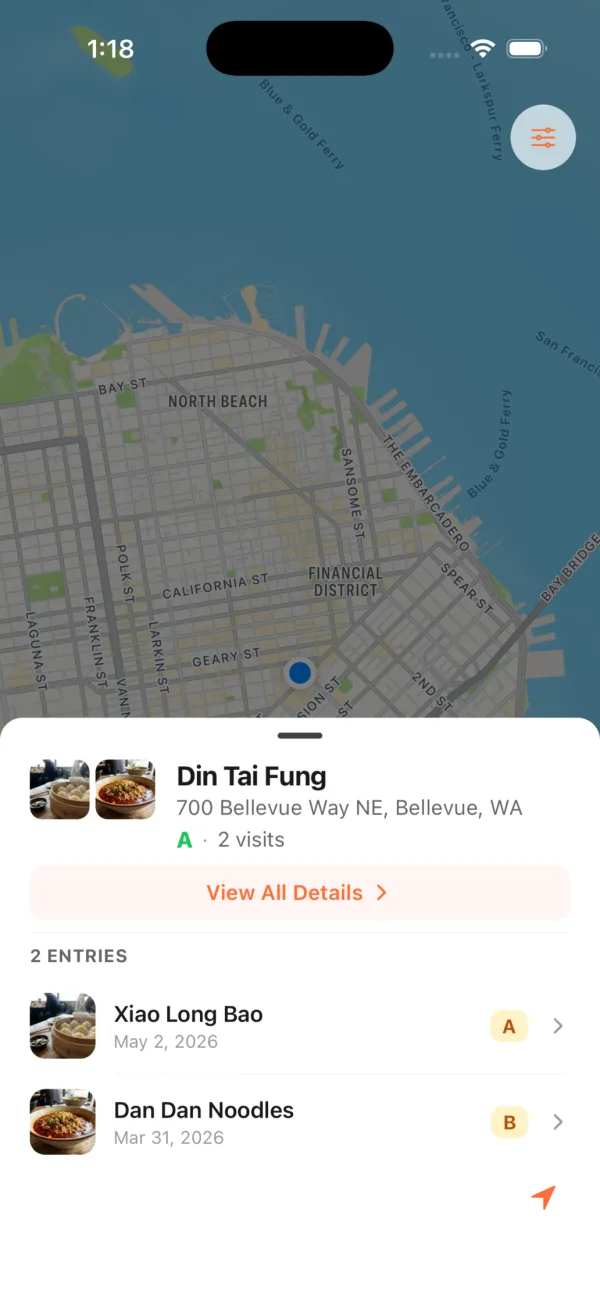 Dishiary iPhone map showing a private restaurant pin and saved dishes at Din Tai Fung
